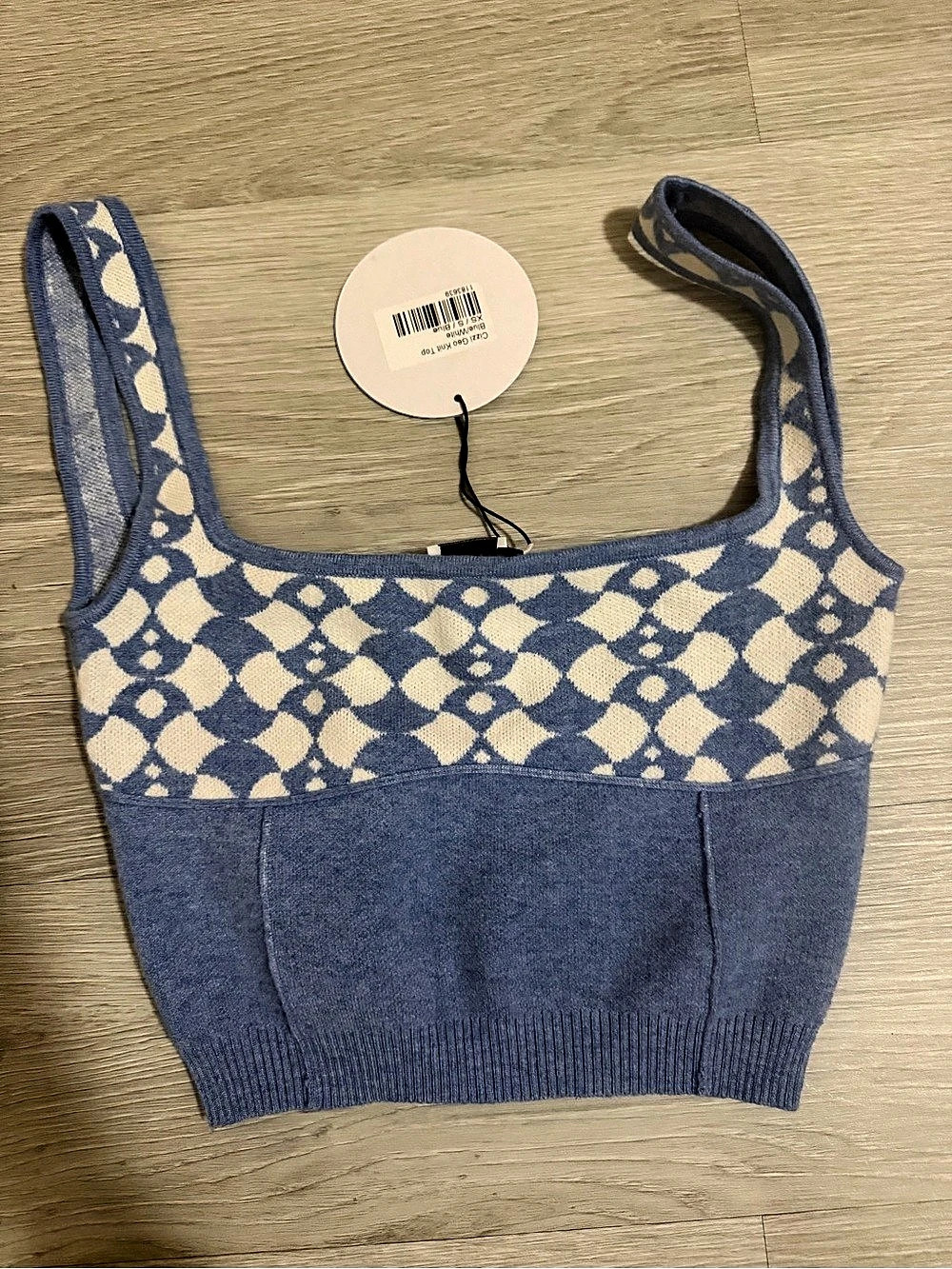 Princess Polly Cizzi Geo Knit Top Blue & Cream Size XS/S